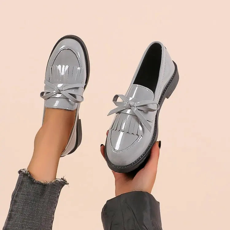 Women’s Patent Leather Loafers – British Style Tassel Bowknot Flat Shoes, Comfortable Casual Small Leather Shoes for Women Zapatos