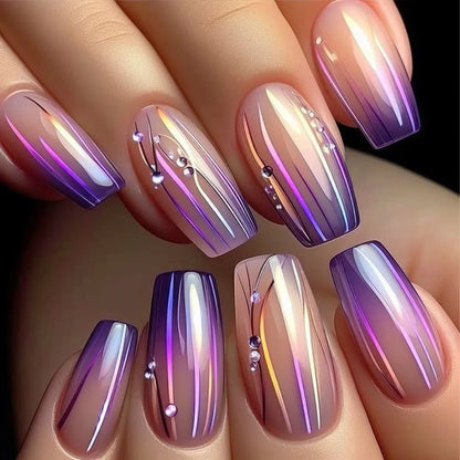 24pcs Blue Golden Stripe Press-On Nails Shiny Powder Long Square Full Cover False Nail Tips Wearable Love Design
