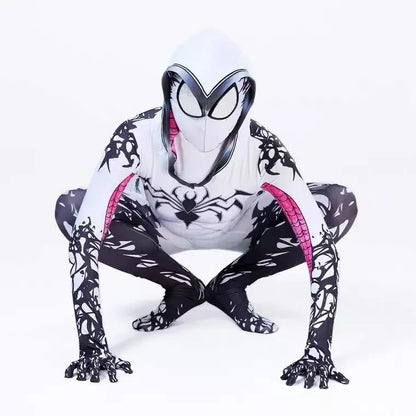 MINISO Spider Gwen Stacy Cosplay Costume – Women’s 3D Print Jumpsuit Onesie with Hat and Mask, Soft Material for Halloween