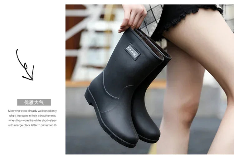 Women’s Four-Season Waterproof Rain Boots – Mid-Tube Non-Slip Rubber Shoes with Cotton Lining for Outdoor Fashion