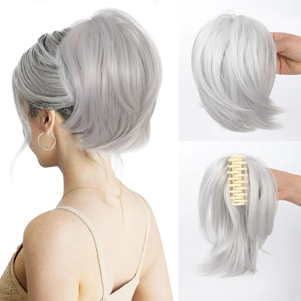 Messy Bun Hair Piece – Claw Clip-in Short Straight Ponytail Extension, Tousled Updo Bun for Women & Girls