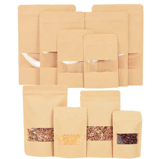 20/50pcs Kraft Paper Zip Lock Bags with Window - Self-Sealing Storage for Food, Snacks, Tea, Wedding, Home Candy Gifts, and Packaging Pouch