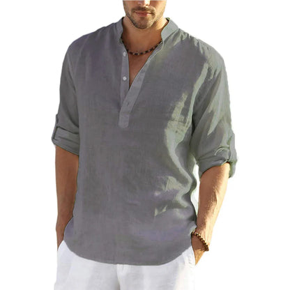 Men’s Cotton Linen Long Sleeve Casual Shirt Loose Fit Breathable Spring Autumn Buttonless Blouse Style Top Fashion Tee S-3XL