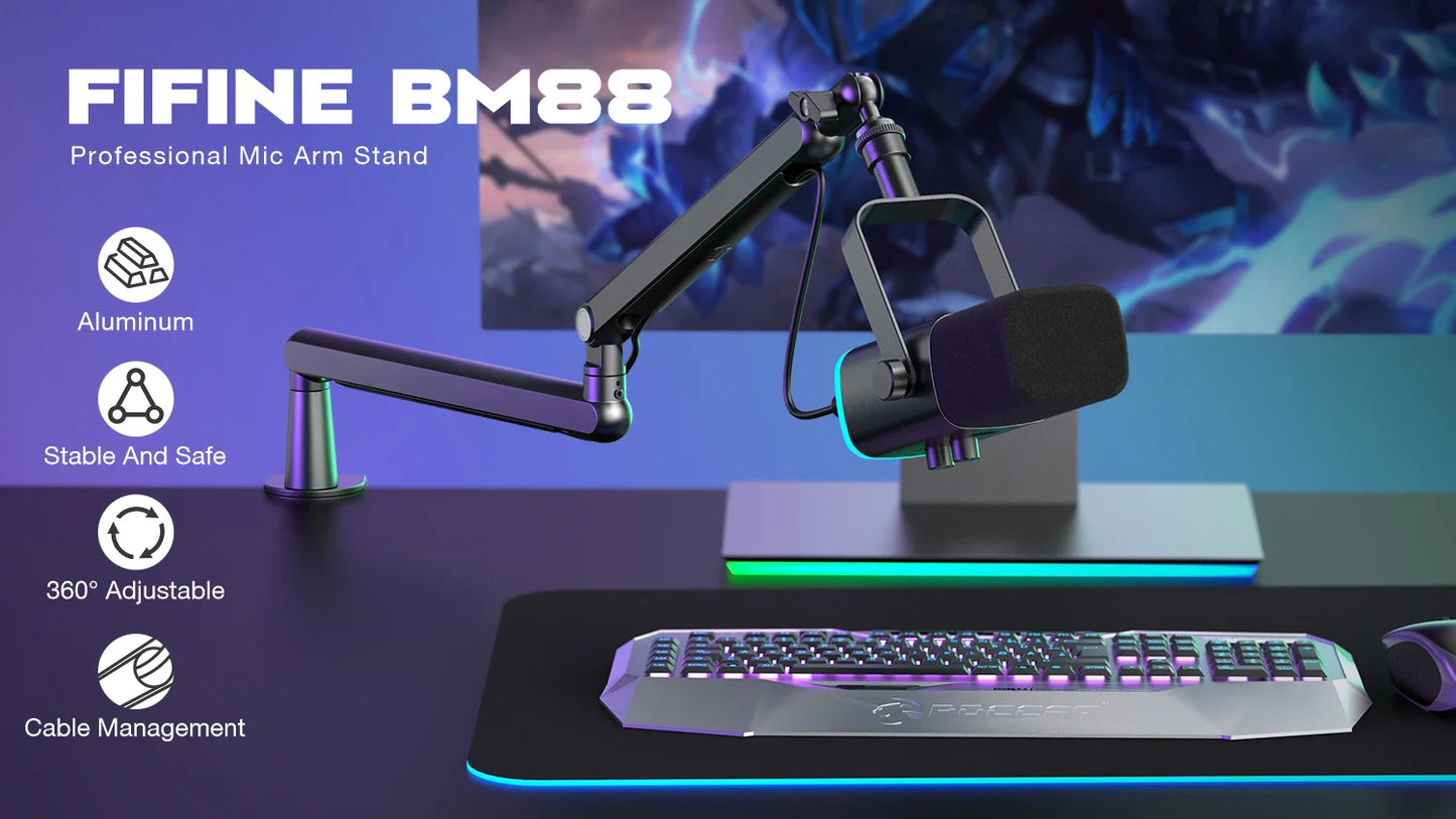 FIFINE Adjustable Low-Profile Desk Microphone Arm Stand – Suspension Boom with Cable Management for K688, Ampligame & AM8-BM88