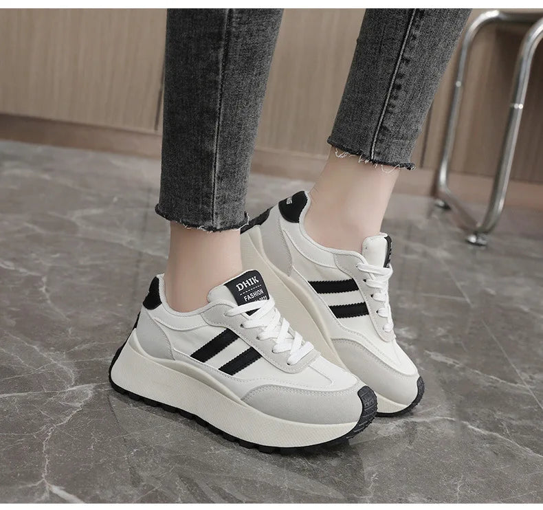 Spring Thick Bottom Women's Shoes – 2024 Summer Casual Patchwork Leather Sneakers, Vulcanized Casual Shoes for Ladies (Chaussure Femme)