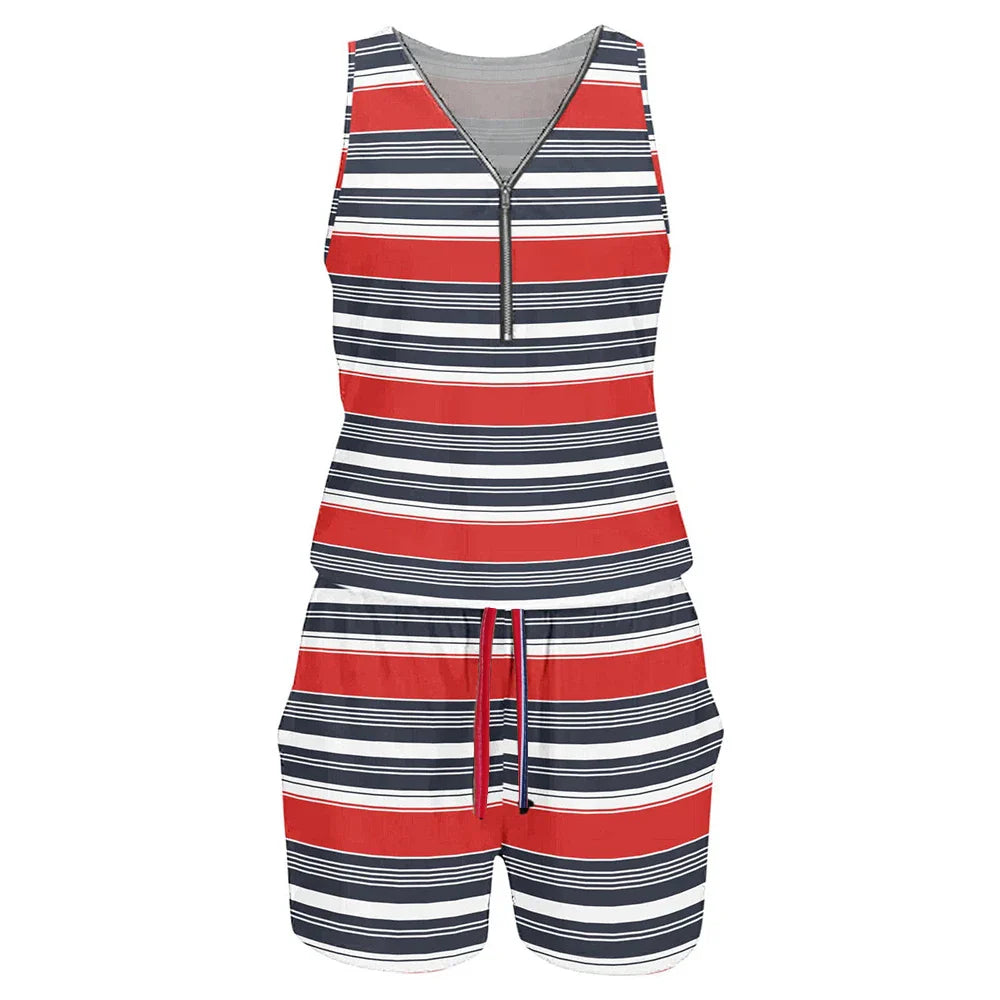 Women’s Summer Stripe Color-Block One-Piece Shorts – Sleeveless V-Neck Zipper Romper Jumpsuit