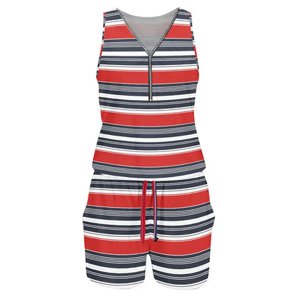 Women’s Summer Stripe Color-Block One-Piece Shorts – Sleeveless V-Neck Zipper Romper Jumpsuit