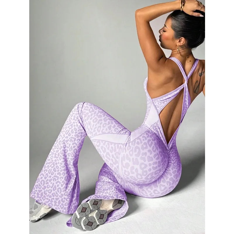 Women’s Seamless Leopard Yoga Jumpsuit – Padded Sleeveless One-Piece Gym Bodysuit Workout Sportswear Fitness Leggings Outfit