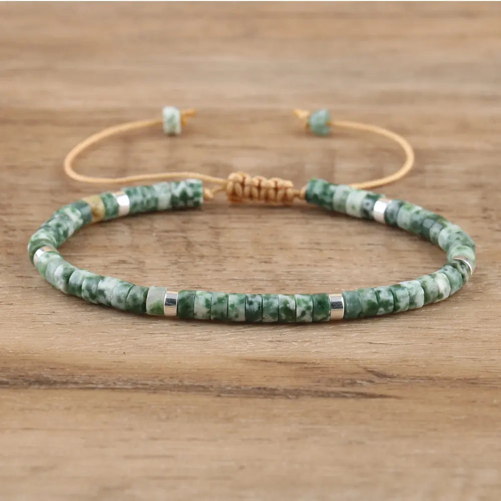 Natural Blue Emperor Stone Beaded Bracelet – Polished Block Beads, Adjustable Woven Rope Women’s Gift Jewelry