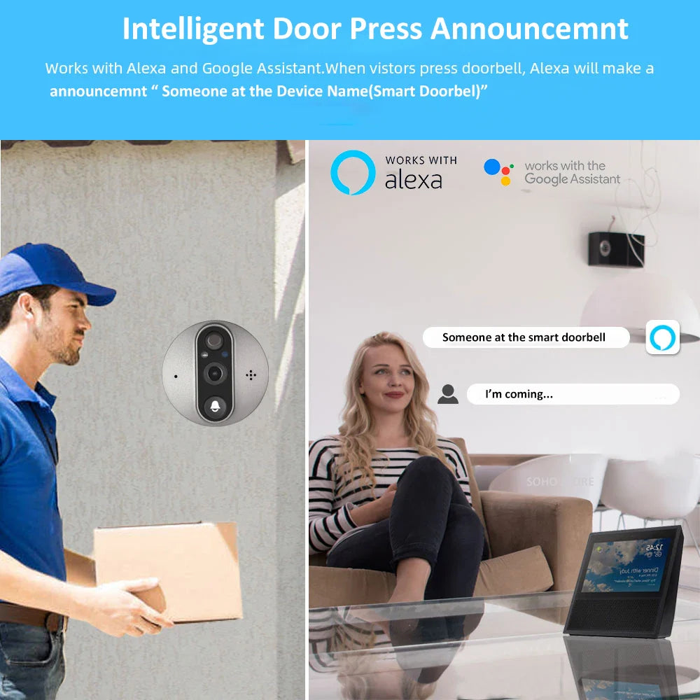 3MP Smart Life Tuya WiFi Doorbell — 1080P Peephole Camera, 5000mAh Battery, PIR Motion Sensor, IR, Alexa & Google Compatible