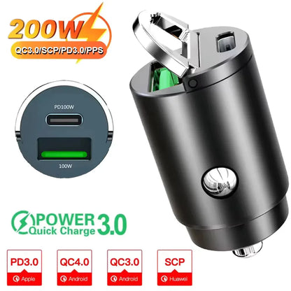 100W/200W Fast Car Charger - QC3.0 PD USB Type C Adapter for Xiaomi Samsung Huawei iPhone & 12-24V Vehicles