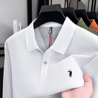 Men's 100% Cotton Long Sleeve Polo Shirt - Embroidered Business Casual Fashion Polo