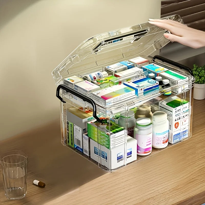 Large Capacity Double-Layer Medicine Organizer Box – Waterproof Transparent Storage Case for Home & Travel