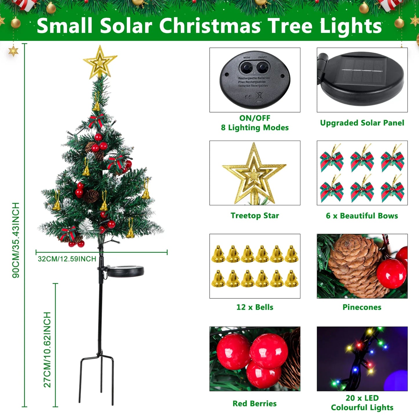 OurWarm Solar Christmas Tree Lights - 2PCS Waterproof 20-LED Outdoor Decor for Patio & Lawn