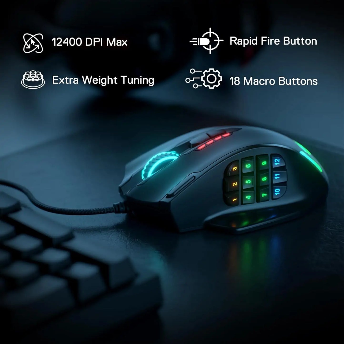 Redragon M908 RGB Backlit USB Wired Gaming Mouse – 18 Programmable Buttons, 12400 DPI