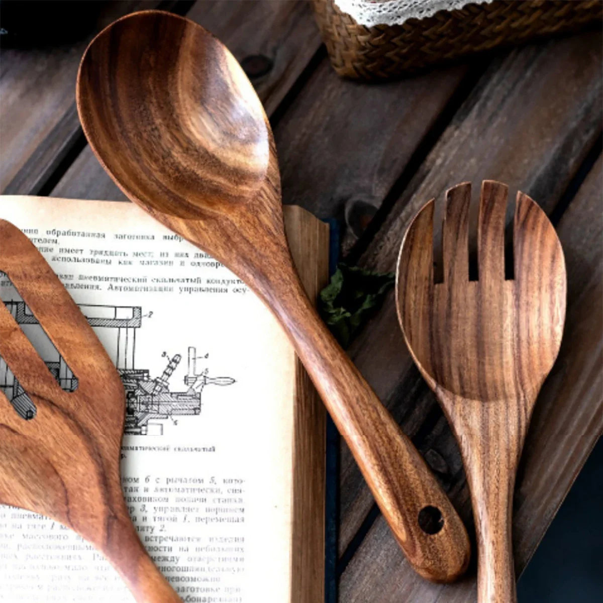 Wood Kitchenware Cooking Set – Household Spatula, Spoon, Fork & Salad Utensils with Storage Bucket