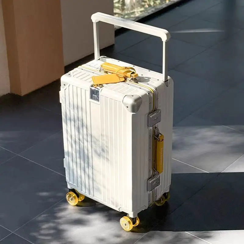Aluminum Frame Rolling Luggage — Wide Handlebar Trolley Suitcase with Colorful Silent Spinner Wheels, TSA Lock & Large Capacity