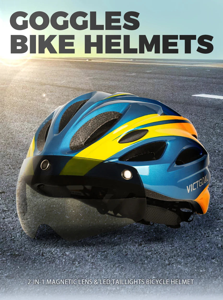 VICTGOAL Bicycle Helmet for Men - With Taillight, Magnetic Goggles, UV400 Lens & Sun Visor, MTB & Electric Scooter Bike Safety Helmet