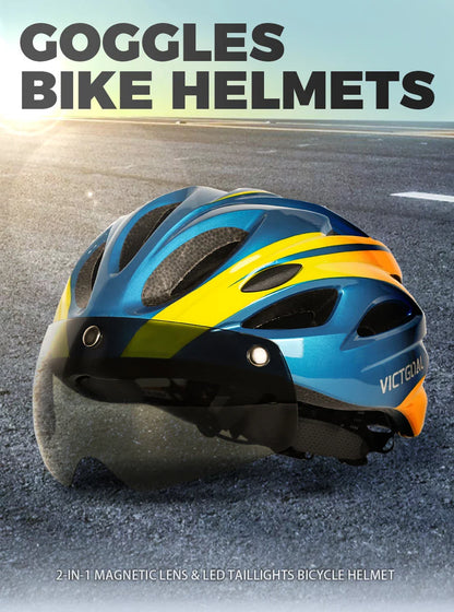 VICTGOAL Bicycle Helmet for Men - With Taillight, Magnetic Goggles, UV400 Lens & Sun Visor, MTB & Electric Scooter Bike Safety Helmet