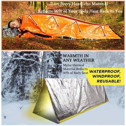 Portable Waterproof Emergency Survival Sleeping Bag - Outdoor EDC Camping Gear, Thermal Sack, First Aid Rescue Kit Mylar Blanket