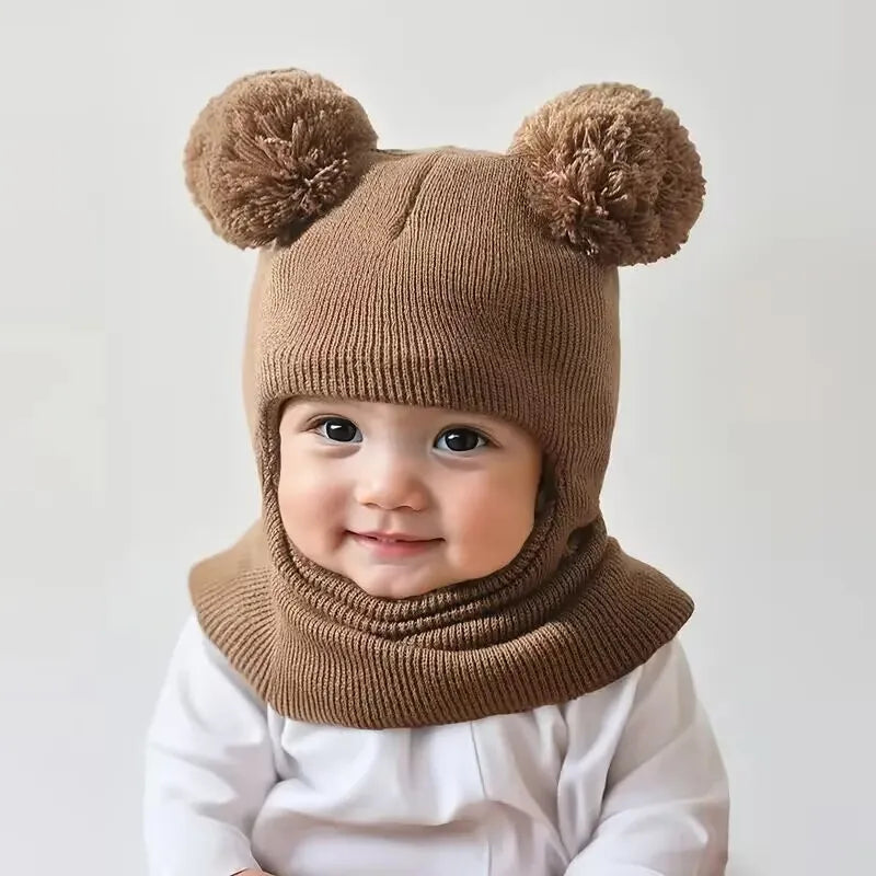 Kids Winter Hooded Knitted Hat - Warm Double-Ball Cap with Ear & Neck Protection