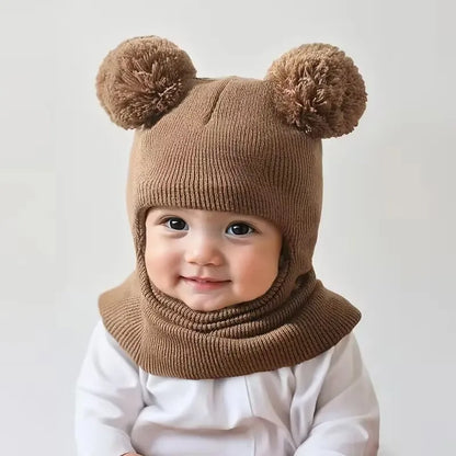 Kids Winter Hooded Knitted Hat - Warm Double-Ball Cap with Ear & Neck Protection