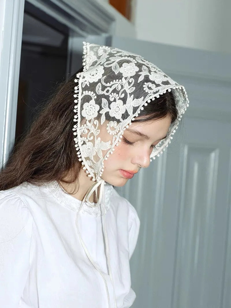 White Woven Floral Lace Hair Scarf Wrap – Retro Triangle Headscarf, Travel & Photo Hat, Hair Accessories for Women