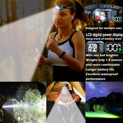 Rechargeable LED Headlamp Flashlight - Waterproof Motion Sensor for Camping, Fishing & Emergency