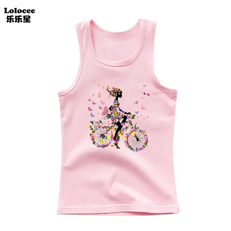 Girls Owl Print Tank Top - Sleeveless Cotton Sports Vest Shirt for Kids 3-14 Years