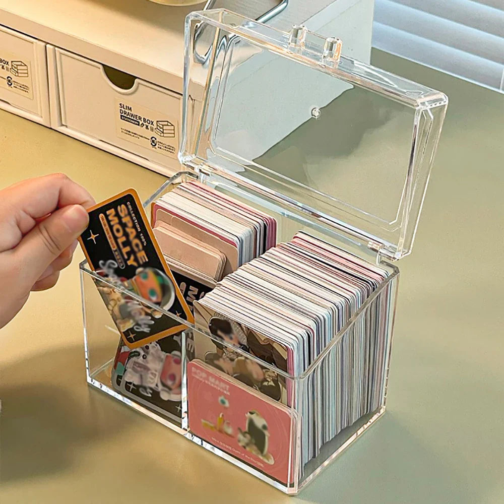 Multifunctional Acrylic Card Storage Box – 12x10.5cm Display Case with 2 Compartments, Holds 400 Postcards or Photos