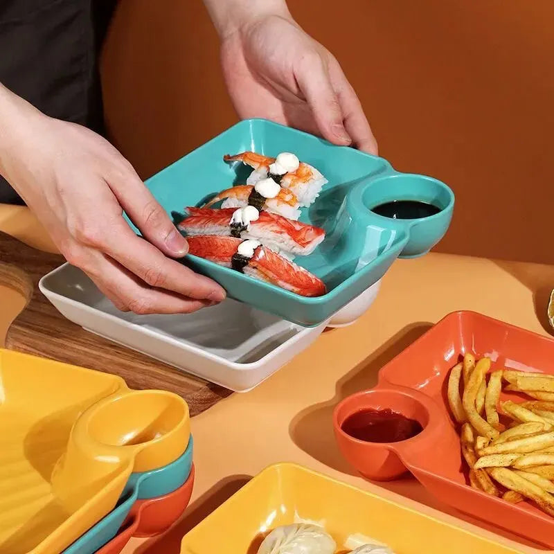 Versatile 2-Grid Snack Dish: French Fries & Dumpling Plate with Ketchup and Vinegar Compartments - Ideal for Dumplings, Desserts, and Spices