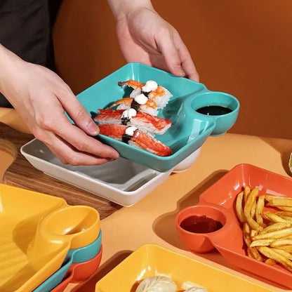 Versatile 2-Grid Snack Dish: French Fries & Dumpling Plate with Ketchup and Vinegar Compartments - Ideal for Dumplings, Desserts, and Spices