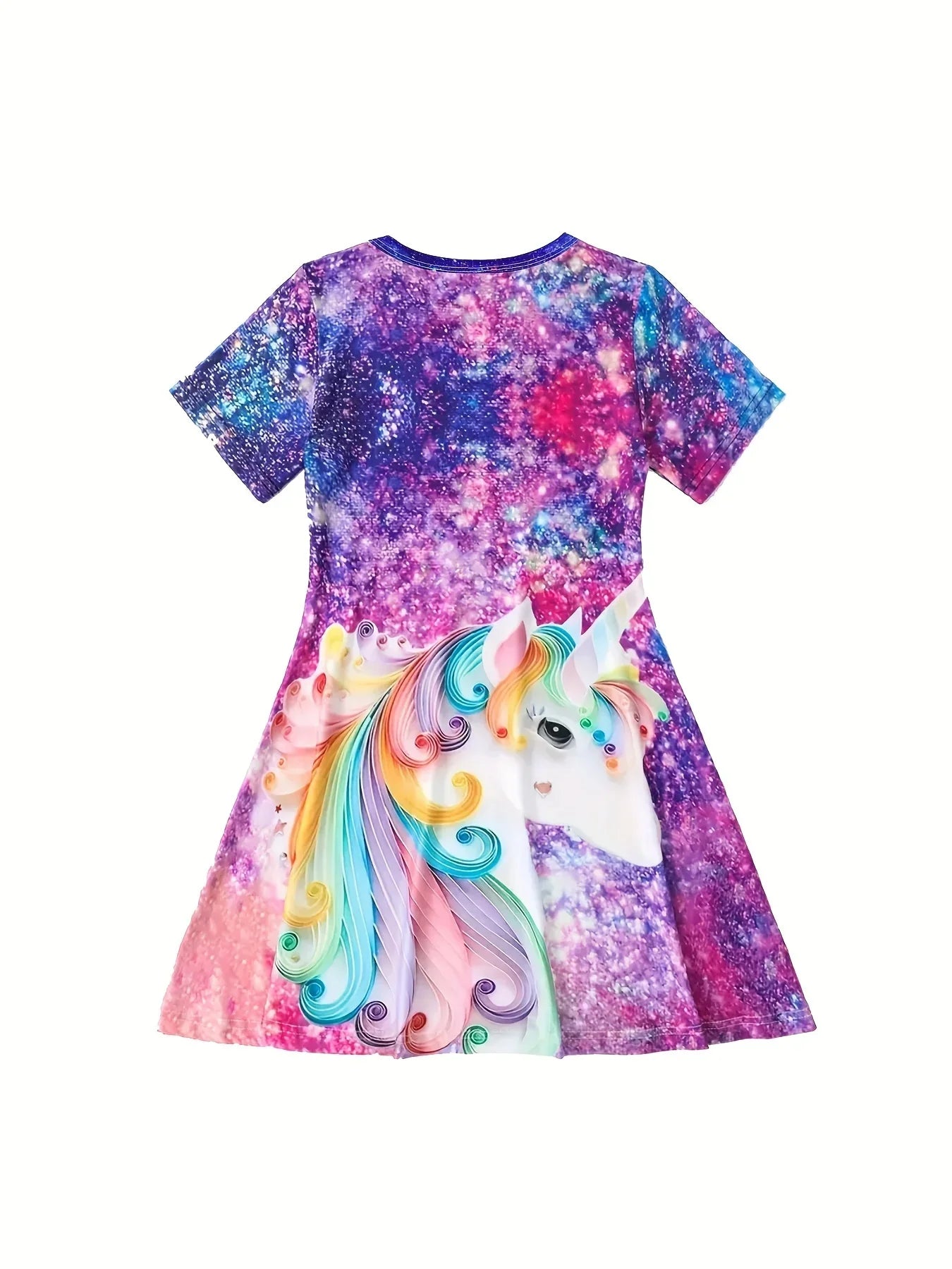 Girls Starry Unicorn Dress – Digital Print, Round Neck, Short Sleeve Casual Party Dress
