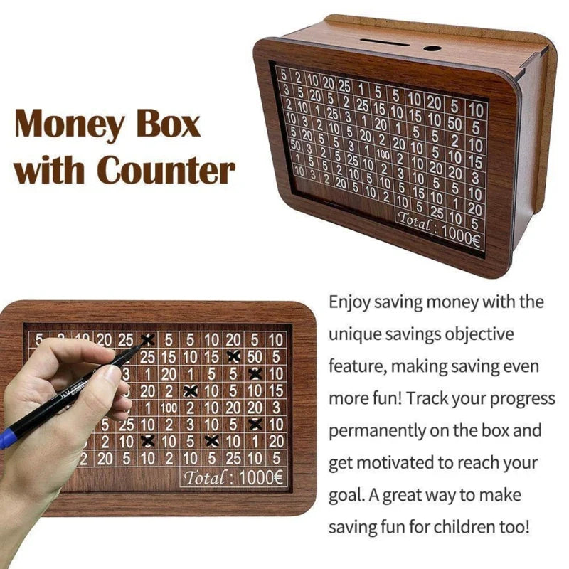 Handmade Wooden Piggy Bank: Reusable Money Box with Saving Goal - Encourages Saving Habit with Checkable Numbers