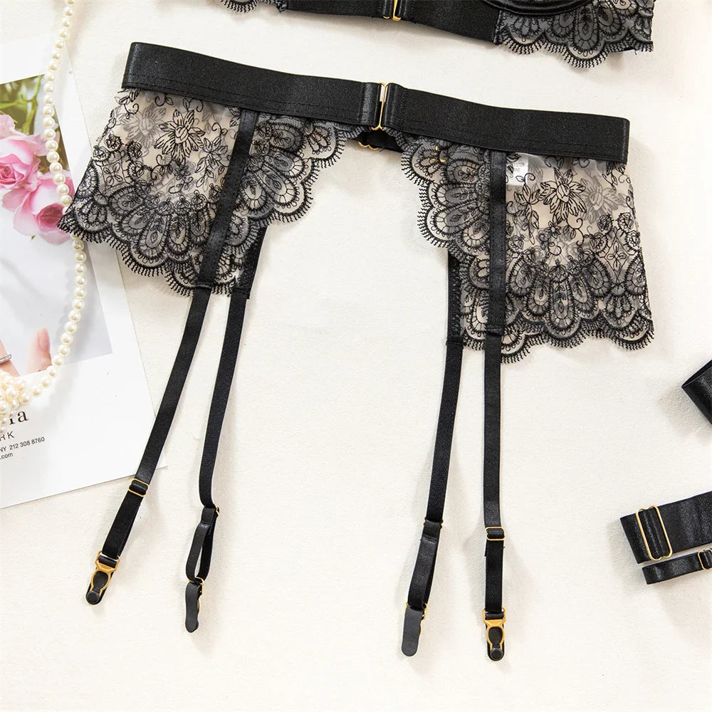 Krasapt Luxury Black Flower Embroidery Lingerie – 4PC Mesh Bra, Thong & Garter Erotic Set
