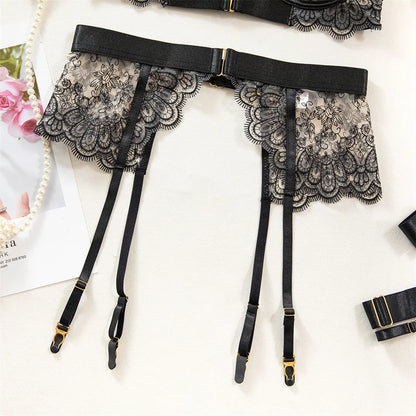 Krasapt Luxury Black Flower Embroidery Lingerie – 4PC Mesh Bra, Thong & Garter Erotic Set