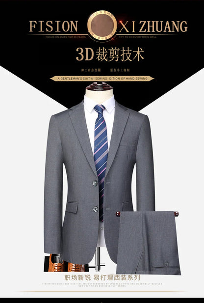 2023 Men’s Two-Button Wedding Suit — Korean Slim Fit Fashion Business Formal Two-Piece Set (Blazer + Trousers)