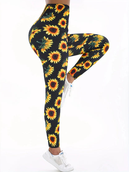 Sunflower Printed Leggings - High-Stretch Denim Style Pants for Fitness, Yoga & Casual Wear