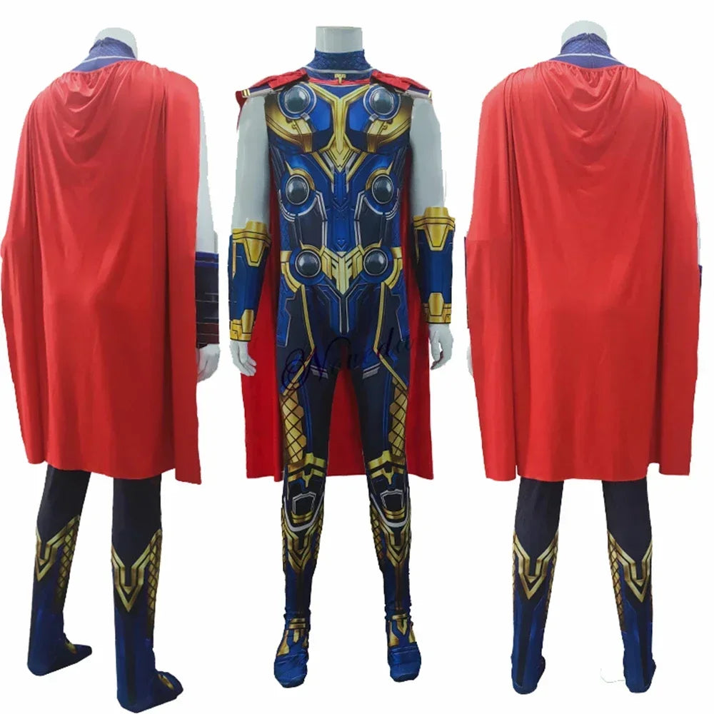 Thor: Love and Thunder Costume – Adult & Kids Fantasia Halloween Anime Superhero Jumpsuit with Cape for Birthday & Party