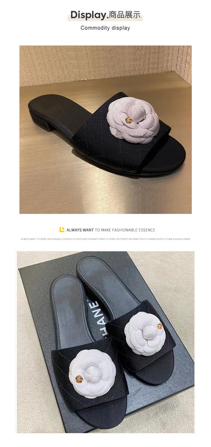 Luxury Women’s Flower Slippers — Camellia Open-Toe Slides for Home & Outdoor, Ladies Flip Flop Sandals