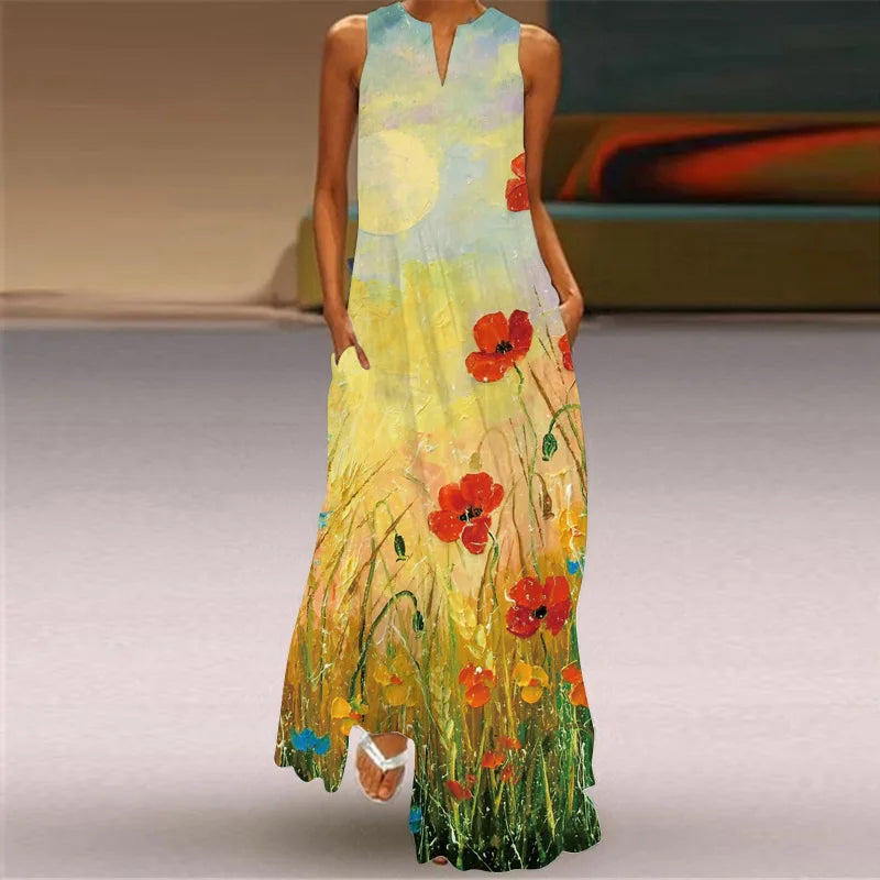 Vintage Boho Maxi Dress - Women's Summer V Neck Sleeveless Long Sundress with Pockets