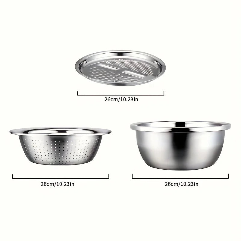 3-Piece Stainless Steel Strainer & Mixing Bowl Set – Multifunctional Fruit & Vegetable Washer and Slicer