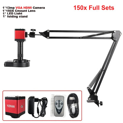 1080P 4K Industrial Microscope – 150X C-Mount Lens with 48MP/13MP Digital Camera, HDMI/USB-C/VGA for PCB Soldering & DIY
