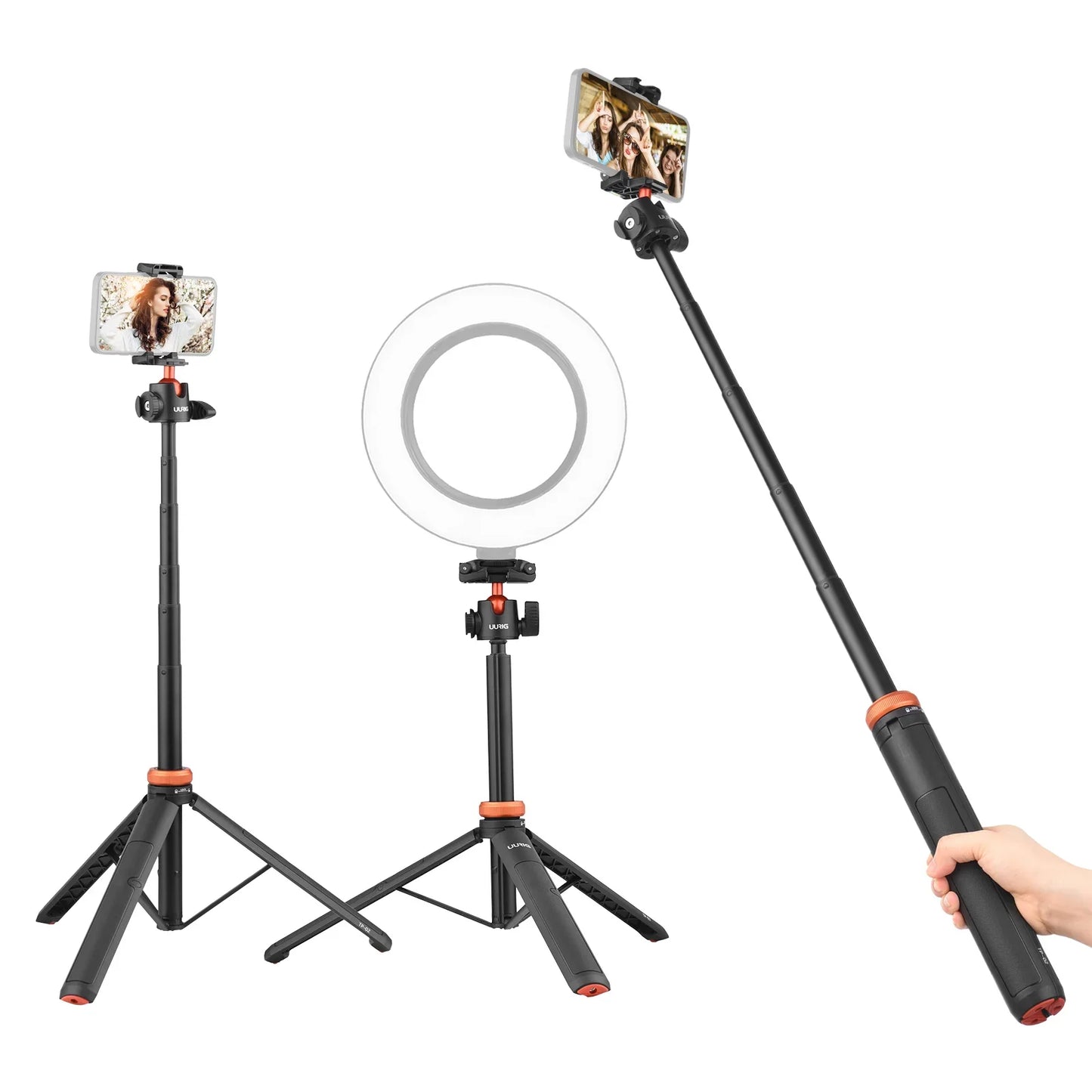 UURIG TP-02/TP-03 Selfie Stick Tripod — Flexible Ball, 130cm Max Height with 1/4'' Screw for Smartphone & Camera Vlogging