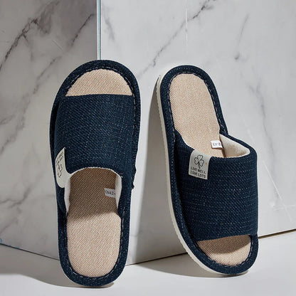 Home Linen Slippers for Men & Women – Breathable Open-Toe Comfort House Shoes for Spring, Autumn & Summer Bedroom Indoor Wear