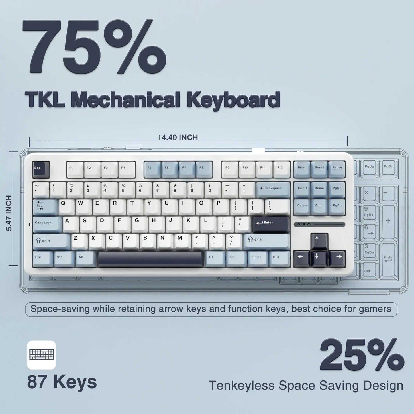 AULA F87 Pro 75% TKL Mechanical Gaming Keyboard – Wireless, Hot-Swap, RGB, Bluetooth, Gasket Mount, New 2024 Colors