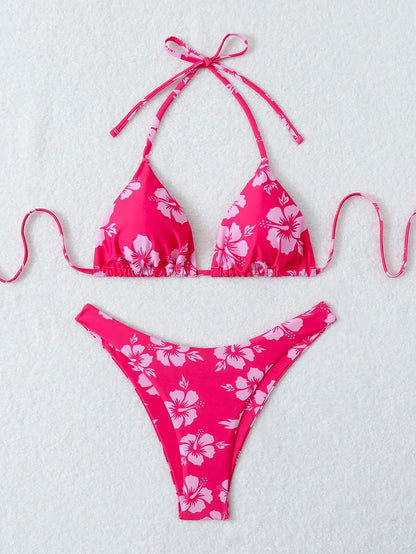 Retro Floral Print Bikini Set - Women's High Waisted Lace Up 2 Piece Summer Swimsuit Beachwear