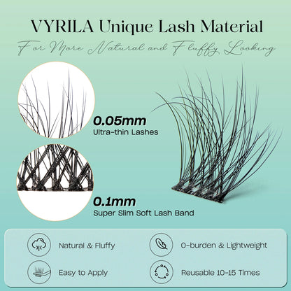 Individual Cluster Lashes C Curl – 3D Wispy DIY Extensions, 0.1mm Thin Band, Reusable & Natural