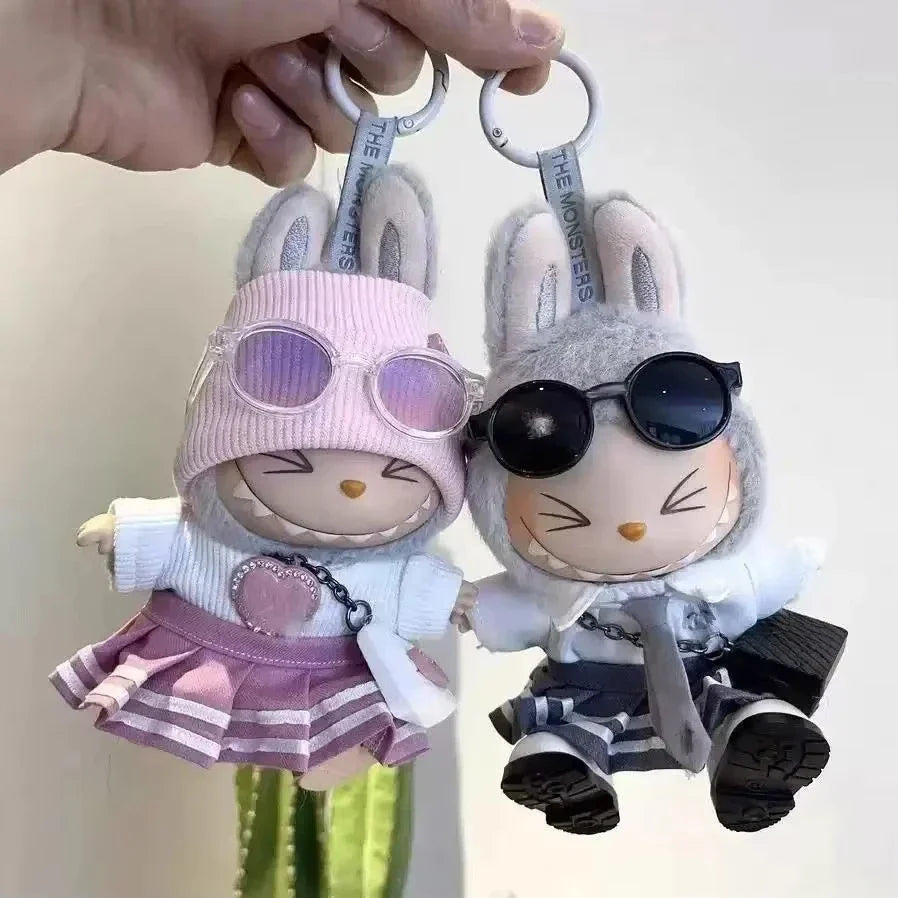 Mini Doll Clothes Outfit Set – 15-17cm Labubu V1-V3 Uniform Skirt, Sweater & Sunglasses Accessories