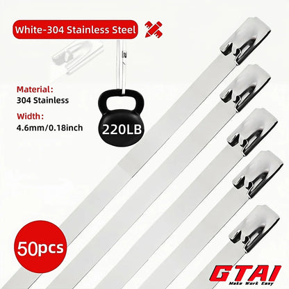 50-Piece 304 Stainless Steel Zip Ties - Heavy-Duty Self-Locking Cable Ties for Pipes, Fences & Exhaust Wrap